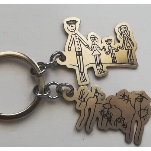 Custom Childrens Drawing Stainless Steel Keychains Kids Keyring Child Artwork Personalized Necklace Custom Design Name Gifts