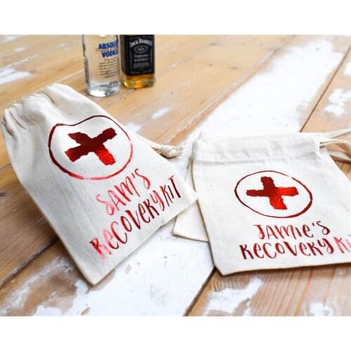 Custom Stag Do Bridesmaid HANGOVERS KIT WEDDING Survival Recovery Kit guest gift bag hen Weekend Cotton Canvas Double Drawstring