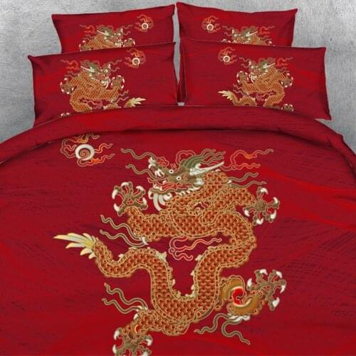 Royal Linen Source Brand 4 PCS PER SET Golden dragon on beautiful red background 3d bed linen set 3d Bed Cover with Bed sheet