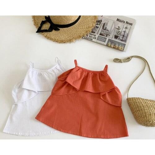 Summer 2020 New Childrens Wear Korean Girls' Ruffles Woven Cotton Round Collar Strap Blouses Baby Shirt Childrens Shirt