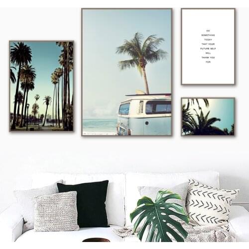 Seawater Blue Car Coconut Trees Wall Art Canvas Painting Nordic Posters And Prints Landscape Wall Pictures For Living Room Decor