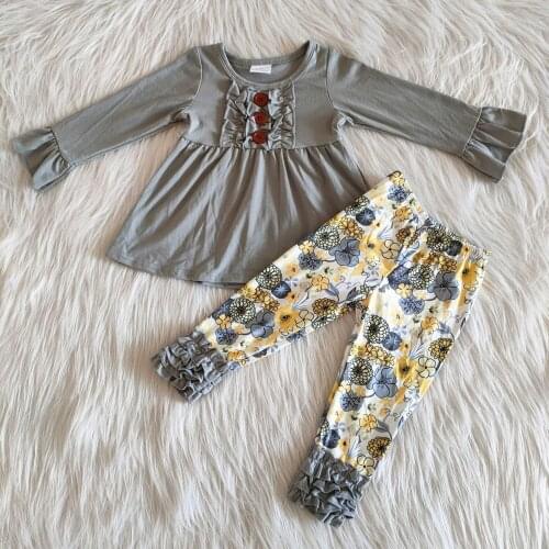 New RTS grey cotton long sleeve tunic with ruffles floral pants