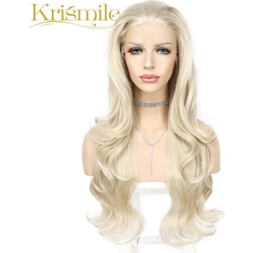 Krismile Synthetic Lace Wigs Ash White Long Natural Wave High Temperature for Women Daily Pre Plucked Hairline Party Cosplay