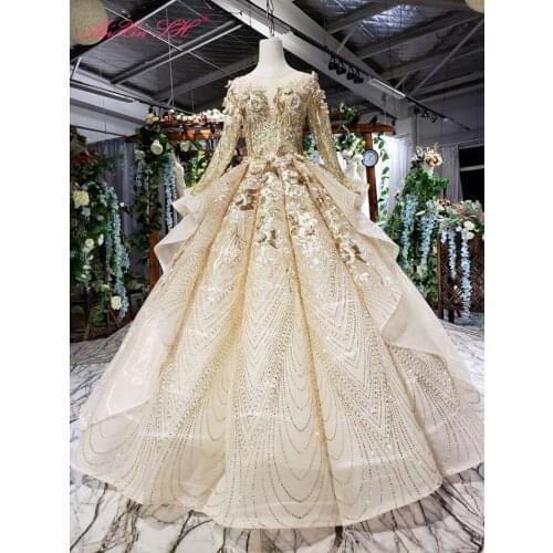 AnXin SH Luxury princess golden rose flower lace beading crystal o neck dubai ruffles long sleeve wedding dress 100% real photo