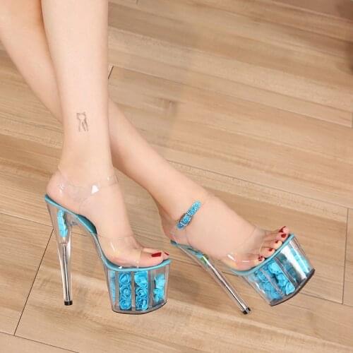 Women Sandals High Heels 17cm Fine heel Waterproof Sandals Female Shoes Flowers Platforms 7cm Transparent Crystal Wedding Shoes