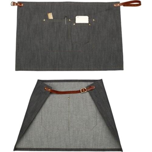 Green Gray Denim Waist Apron Cow Leather Strap Barista Bartender Baker BBQ Chef Catering Uniform Florist Artist Work Wear D51