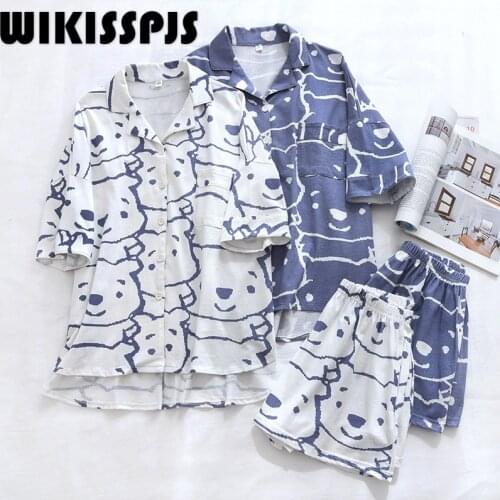 WIKISSPJS 2021 Summer New Short Sleeve Cartoon Bear Print Thin Home Clothes Loungewear Pajama Set Two Piece Set Summer