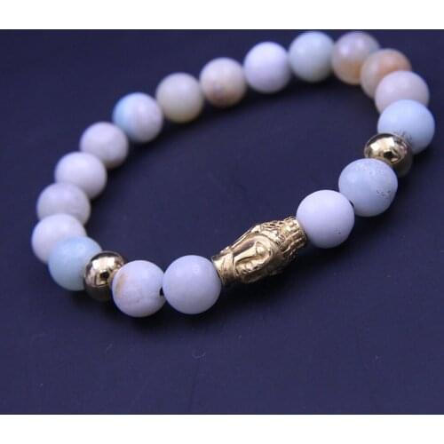 Wonlee Winle 8.5mm Nature Color Stone Beaded Stretch Bracelets for Men&Women Stainless Steel Gold Buddha Charms Strand Bracelet
