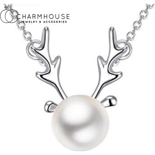 Pearl Necklaces For Women Pure Silver Deer Antlers Pendant Necklace Collier Femme Choker Wedding Jewelry Accesories Party Gifts
