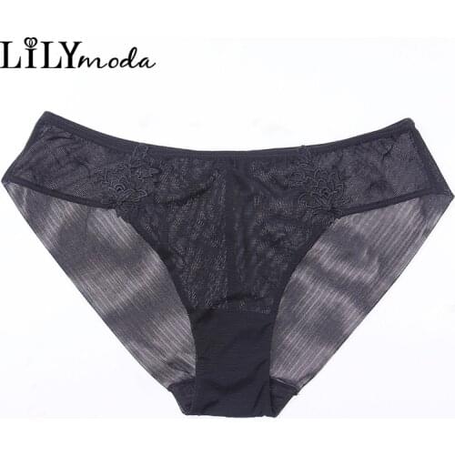 Women Transparent Panties Floral Embroidery Breathable Mesh Seamless Briefs Sexy Ladies Lingerie Soft Underwear Black Blue Pink