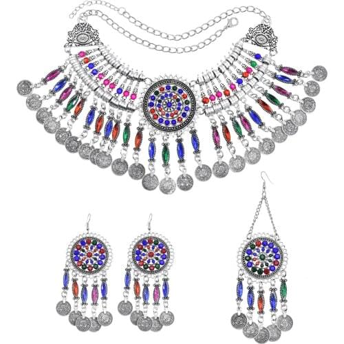 Afghan Vintage Metal Necklaces & Earrings Sets for Women Boho Multicolors Rhinestone Hair Clips Gypsy Turkish Jewelry Sets