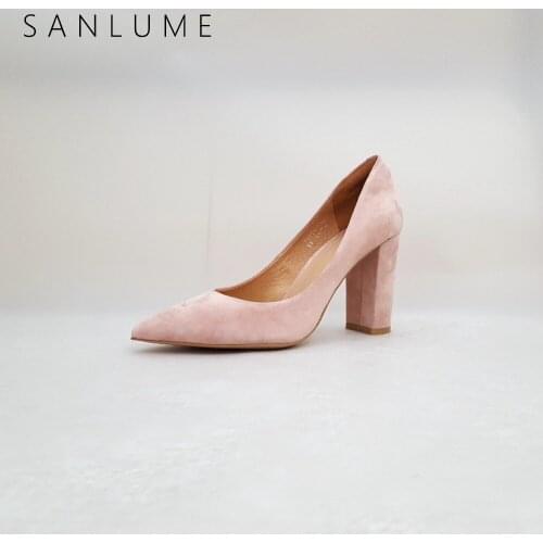 SANLUME NEW 9 CM Autumn Pink Suede Genuine leather Chunky Pumps Women Shoes Woman Sexy Party High Heels Slip On Pointed Toe