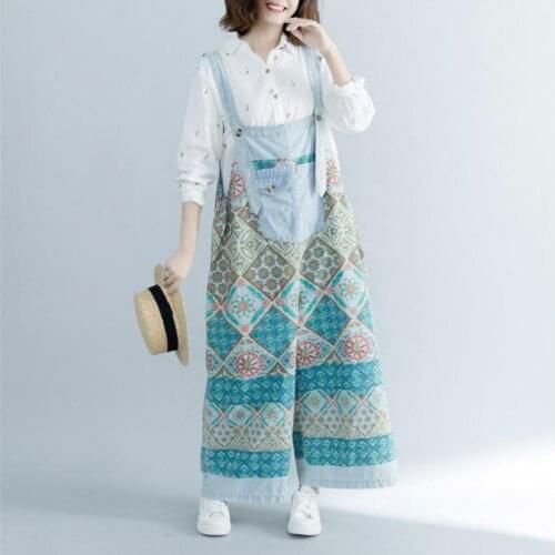 Ethnic Style Adjustable Loose Wide-leg Denim Nine-points Jumpsuit Ladies Floral Print Stitching Low Crotch Jeans