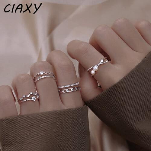 CIAXY 925 Sterling Silver Inlaid Zircon Double Layer Chain Rings for Women Weddding Adjustable Pearl Ring Korean Fashion Jewelry