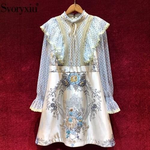 Svoryxiu Designer Autumn Winter Fashion Dress Womens Tulle Embroidery Flared Sleeves Beaded Print Jacquard Elegant Dresses
