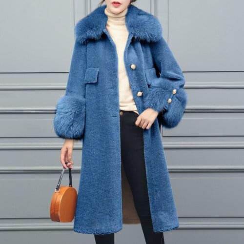 Women Coat Sheep Winter Shearling Wool Real Fox Fur Collar Jacket Warm Overcoat Abrigo Mujer 00967 YY507