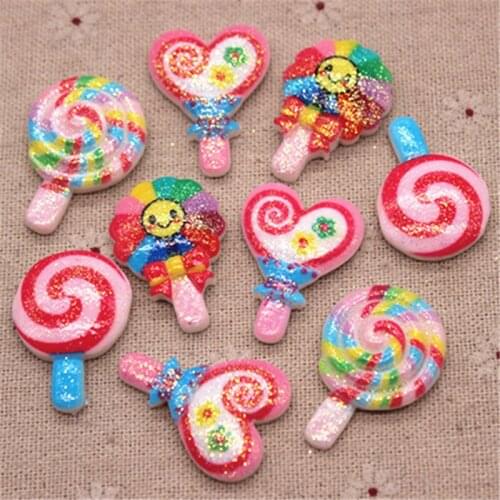 10pcs Cute Resin Glitter Colorful Lollipop Flatback Cabochon Simulation Food Art Supply Decoration Charm Craft,high about 32mm