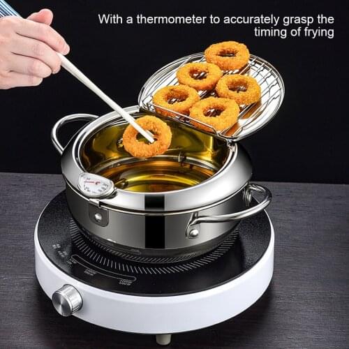 2.2/3.2L Deep Frying Pot Stainless Steel Fryer Tempura Fryer Pan Kitchen Cooking Fried Pot with Thermometer and Lid