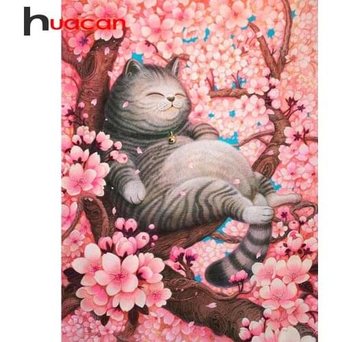 Huacan 5d DIY Diamond Painting Full Square/Round Cat Cherry Blossoms Diamond Embroidery Kit Mosaic Sakura Tree Animal Wall Decor