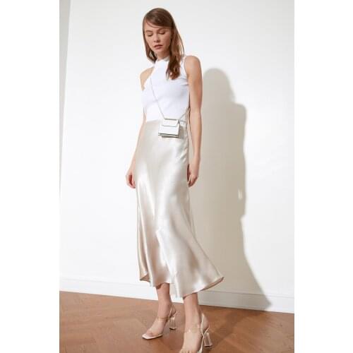 Silver Satin Midi Skirt, Casual, 4 Seasons, Bright, Each Combined Fits, Fashion Design, quality Stitch