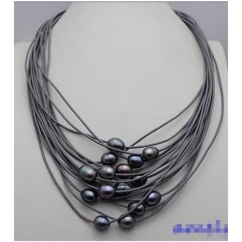 Free shipping hot sale Women Wedding Bridal Jewelry >> black freshwater pearl 15 strand gray Genuine leather cord necklace19-23