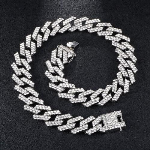 Iced Out Chain Bling Prong Miami Cuban Link Chains Necklaces 20mm Full Crystal Rhinestones Clasp Hip Hop Necklace Bracelet Mens