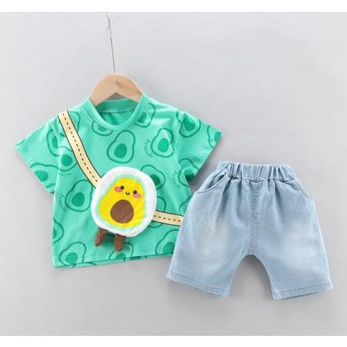 Childrens Clothing Boys Short-Sleeved Set Cartoon Print Pockets Decorated T-Hirt Denim Shorts Casual Baby Toddler 2-Piece Suit