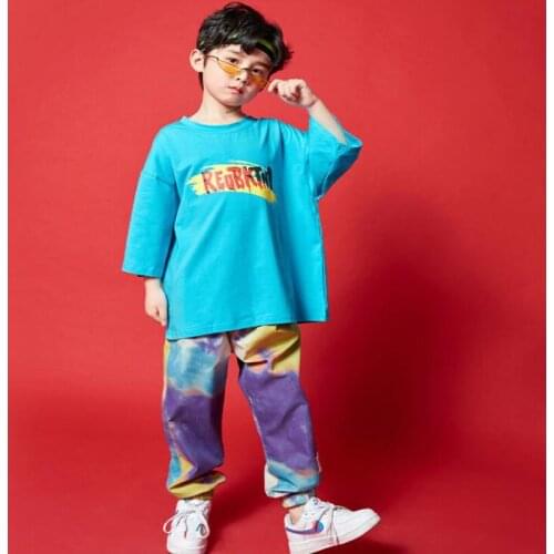 Kids Cool Hip Hop Clothing Blue T Shirt Tops Streetwear Jogger Pants For Girls Boys Show Stage Wear Dance Costumes Clothes
