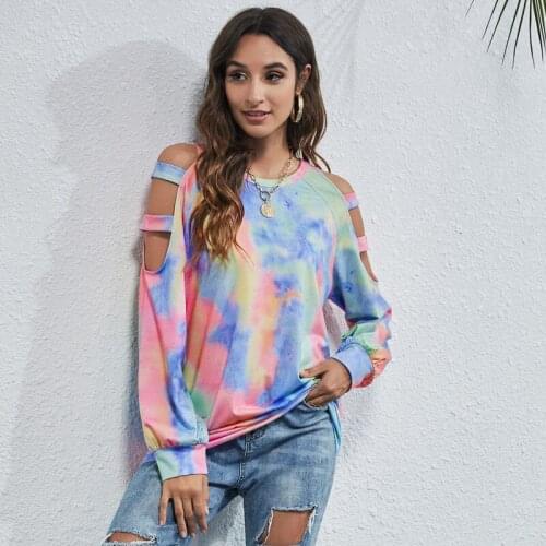 O-neck Tie-dye Print Sexy Off Shoulder Hollow Out T-shirt Top Women Autumn New Long Sleeve Casual Loose Tee Pullovers Streetwear