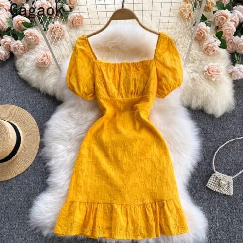 Gagaok Woman Dress 2021 Summer New Square Collar Puff Sleeve Ruffles Sweet Mini Dresses Korean Fashion Wild Vestido Feminino
