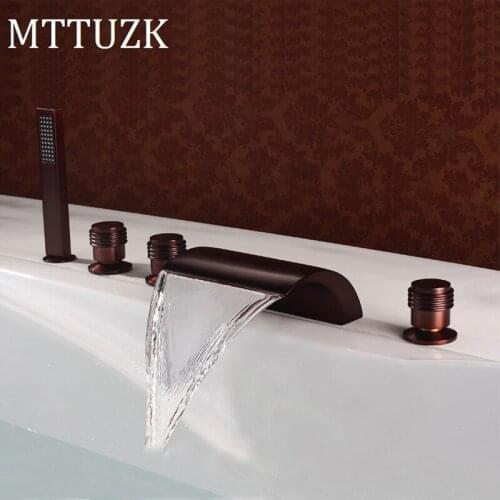 MTTUZK Oil-rubbed Bronze Waterfall Widespread Bathtub Faucet with Hand Shower (Curved Shape Design) 5 hole Bathtub Faucet set