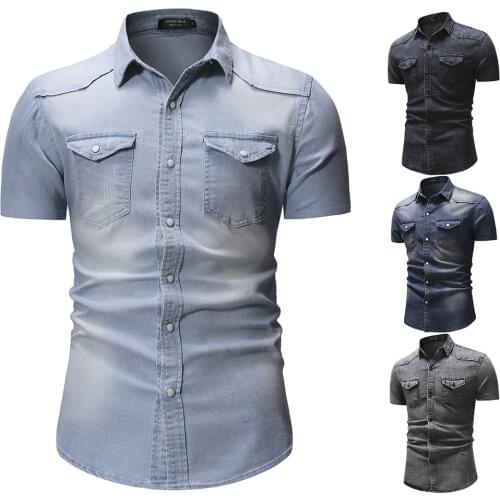 Mens Short Sleeved Denim Shirt Solid Color Turn Down Collar Cardigan Shirt With Pockets Casual Single-Breasted Slim Type Tops