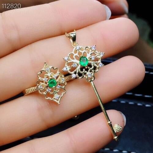 Natural green emerald S925 silver ring Pendant natural gemstone Jewelry Set Restoring Hollowing Lovely key girl party jewelry