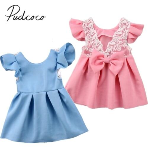 2019 Brand New Toddler Infant Kids Baby Girl Lace Princess Dress Bow Ruffled Backless Sundress Cute Children Summer Dress 3M-3T