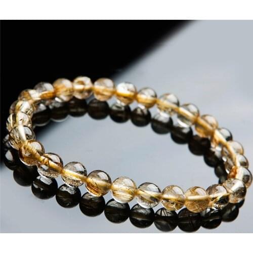 Brazilian Genuine Natural Rutilated Quartz Crystal Bracelets For Women 7mm Transparent Yellow Gold Hair Round Bead Bracelet