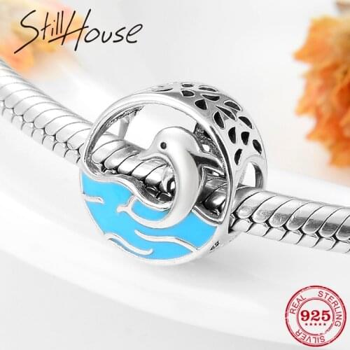 100% Real 925 Sterling Silver Swimming in ocean Hollow Charms Dolphin Fit Original European Charm Bracelet DIY Jewelry making