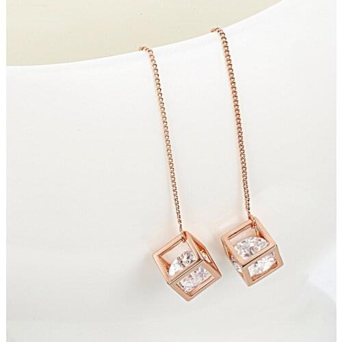 Hollow Cube w/ AAA CZ Zircon Link Rose Gold Color Long Chain Drop Dangle Threader Through Earrings For Women Girls Jewelry Aros
