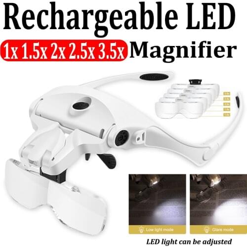 Adjustable Bracket Magnifier Headband Loupe 2 LED Lights 5 Lens 1.0X-3.5X Glasses and USB Charge Goggles Helping Hand Instrument