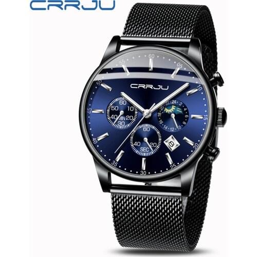 Luxury Men Watch Fashion Waterproof Chronograph Wristwatch Classic Business Full Steel Male Calendar Watch with Moon Phase