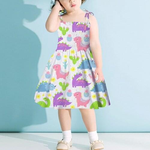 Toddler Baby Kids Girls Sundress Sleeveless Strap Cute Dinasaur Print Summer Beach Dresses Casual Clothing Sukienka Dziewczynka