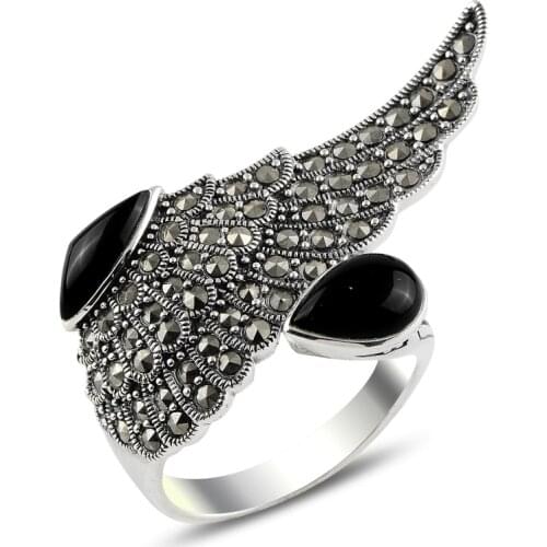 Silver 925 Sterling Onyx & Marcasite Ring
