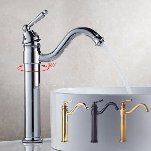 Basin Faucet Bathroom Sink Faucets Hot Cold Water Mixer Crane Deck Mounted Rotation Single Hole Bath Tap Black Gold Finished