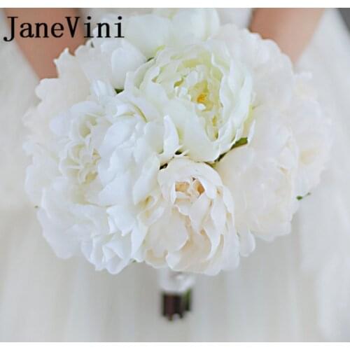 JaneVini Silk White Ivory Peony Wedding Bouquet De Fleur Artificial Bridal Holding Flowers Bride Brooch Bouquets Mariage 2019