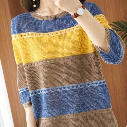 Color hollow striped sweater women 2020 new retro early autumn thin hedging casual Casual Regular Striped