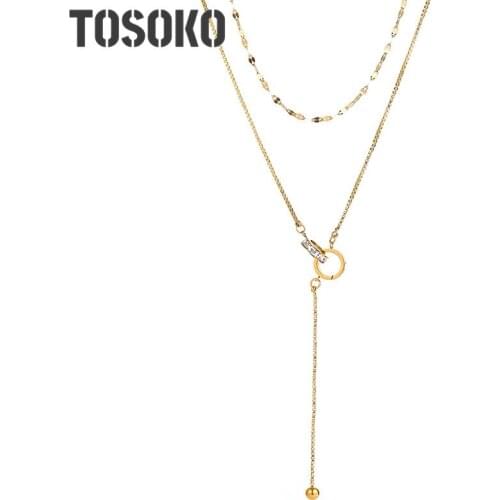 TOSOKO Stainless Steel Jewelry Zircon Double Layered Necklace Female Fish Mouth Chain Roman Double Loop Sweater Chain BSP956