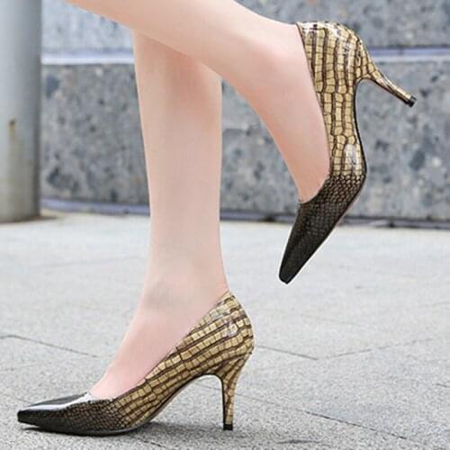 Fashion Sexy Pointed Toe Pumps Stiletto High Heel 7.5cm Large Size 35-46 Women Shoes Stitching Snake Print Women Shoes