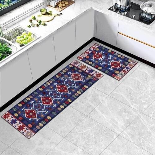 Retro Geometric Ethnic Blue Kitchen Mat Combination Entry Mat Bedroom Non-slip Bedside Blanket