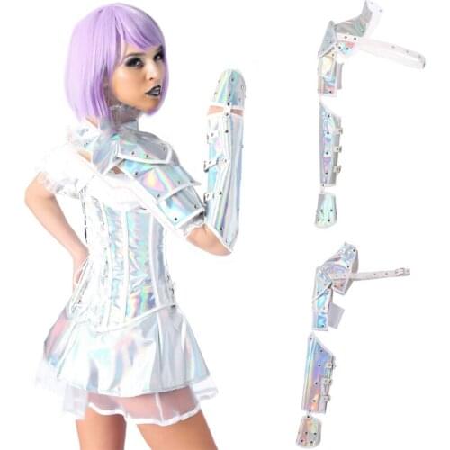 Vintage Silver PU Leather shawl One Shoulder Vest Sleeve Science fiction Steampunk Arm Retro Gothic Cosplay Straps Accessories