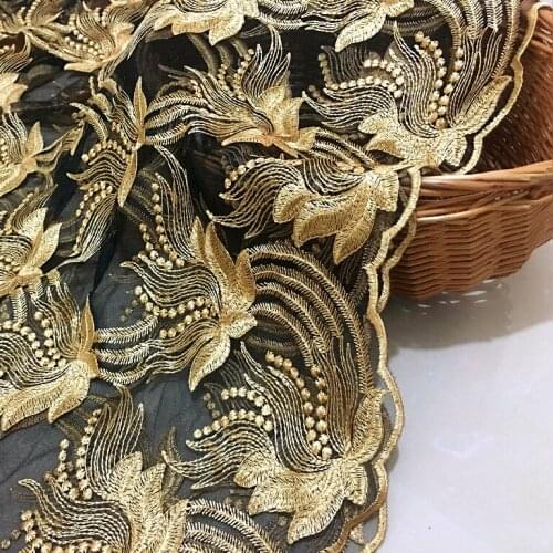 High quality mesh lace Gold Floral Embroidery Fabric For Clothing Diy Wedding Dress French Sew On Lace Trim Accessories
