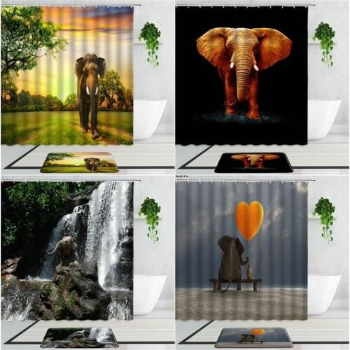 3D Funny Elephant Shower Curtains Forest Wild Animal Bathroom Decor Accessories Non-Slip Carpet Doormats Bath Curtain With Hooks